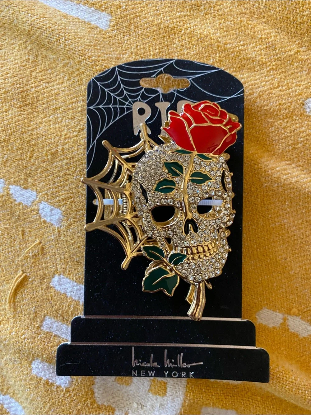 Nicole Miller Gold-Tone Crystal Skull Hair Pin with Red Rose and Green Leaves
